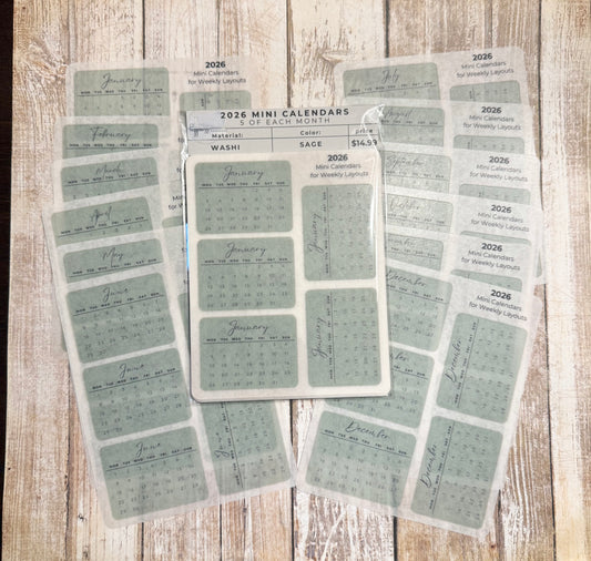 2026 Mini Calendars for Weekly Spreads-Washi-SAGE